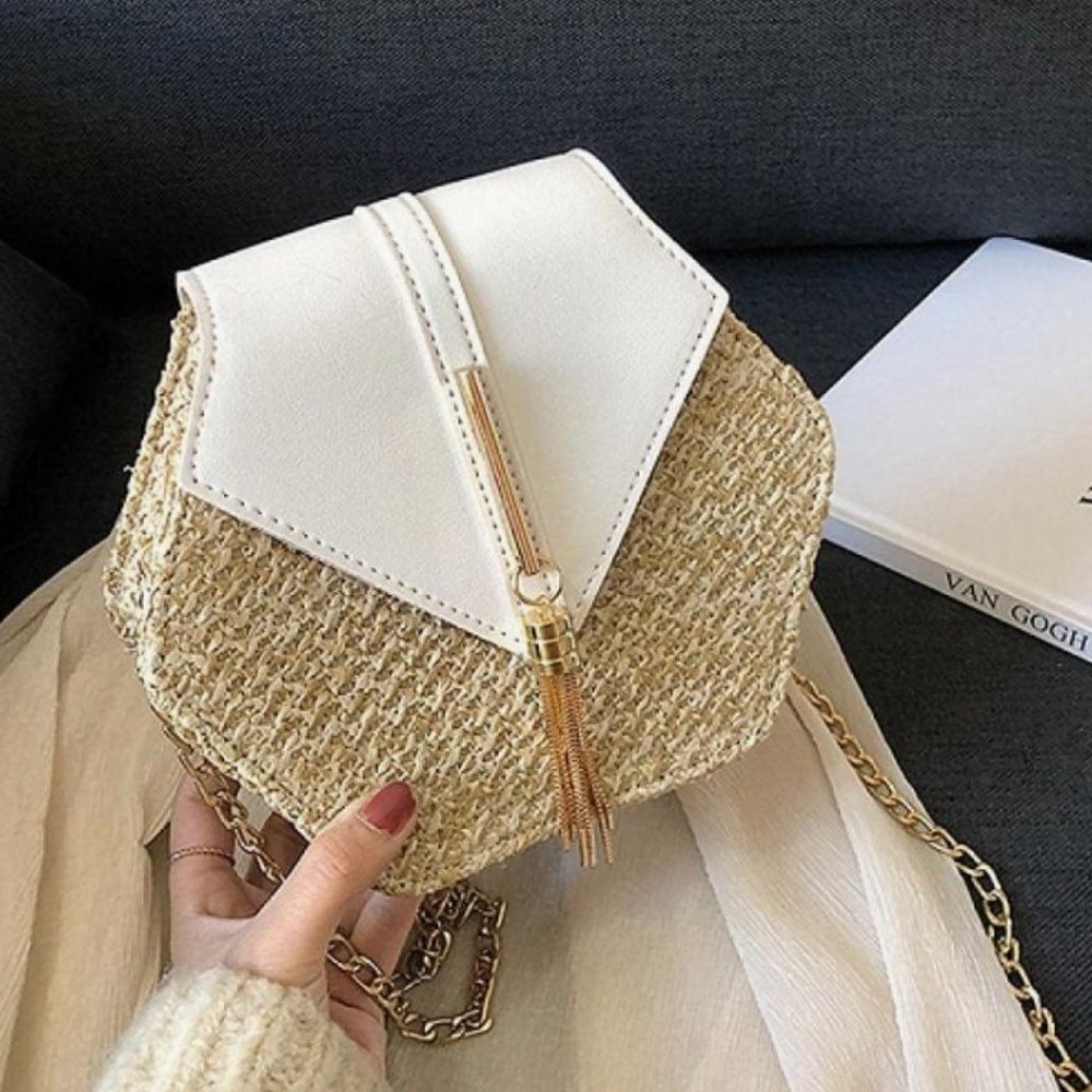 Rattan+Leather Hexagon Shoulder Bag